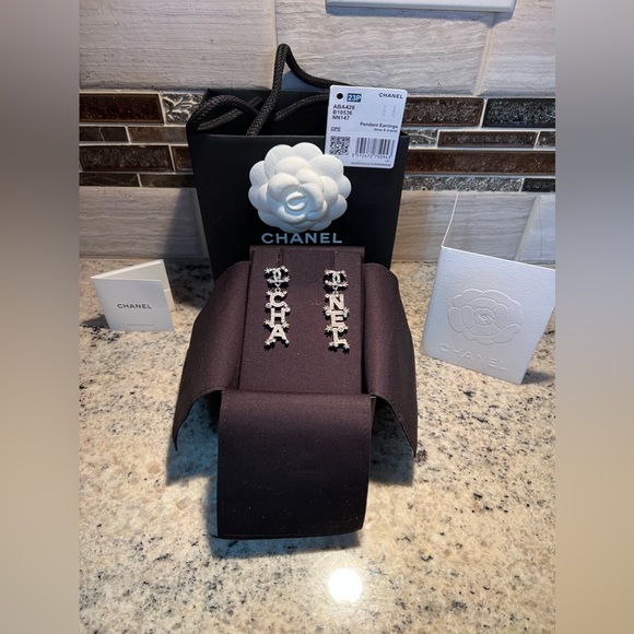 Chanel “23P” Pendant Silver Tone and Crystal Dangle Earrings - Picture 4 of 9